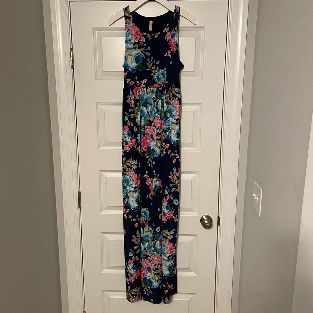 Navy Floral Maxi Dress with Pockets
